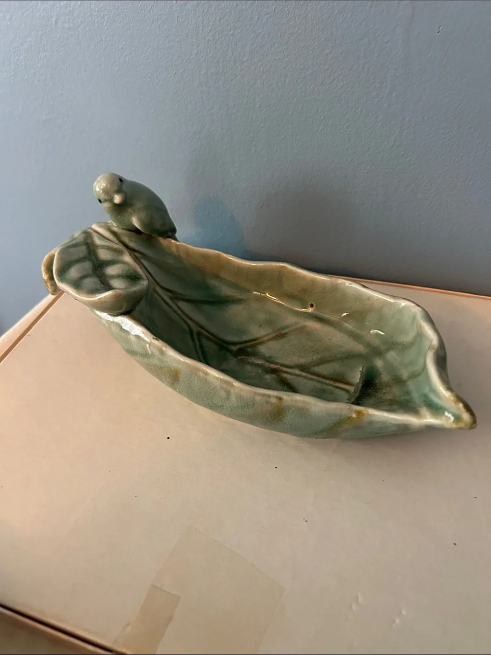Vintage Unmarked Ceramic Leaf Dish with Bird Accent - Sage Green EUC